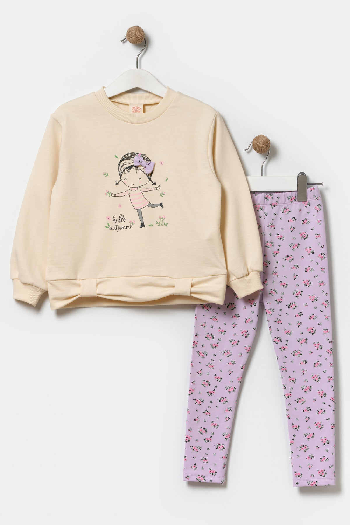 Kız Çocuk Çiçekli Sweatshirt Ve Tayt Pamuklu Alt Üst Takım Lila