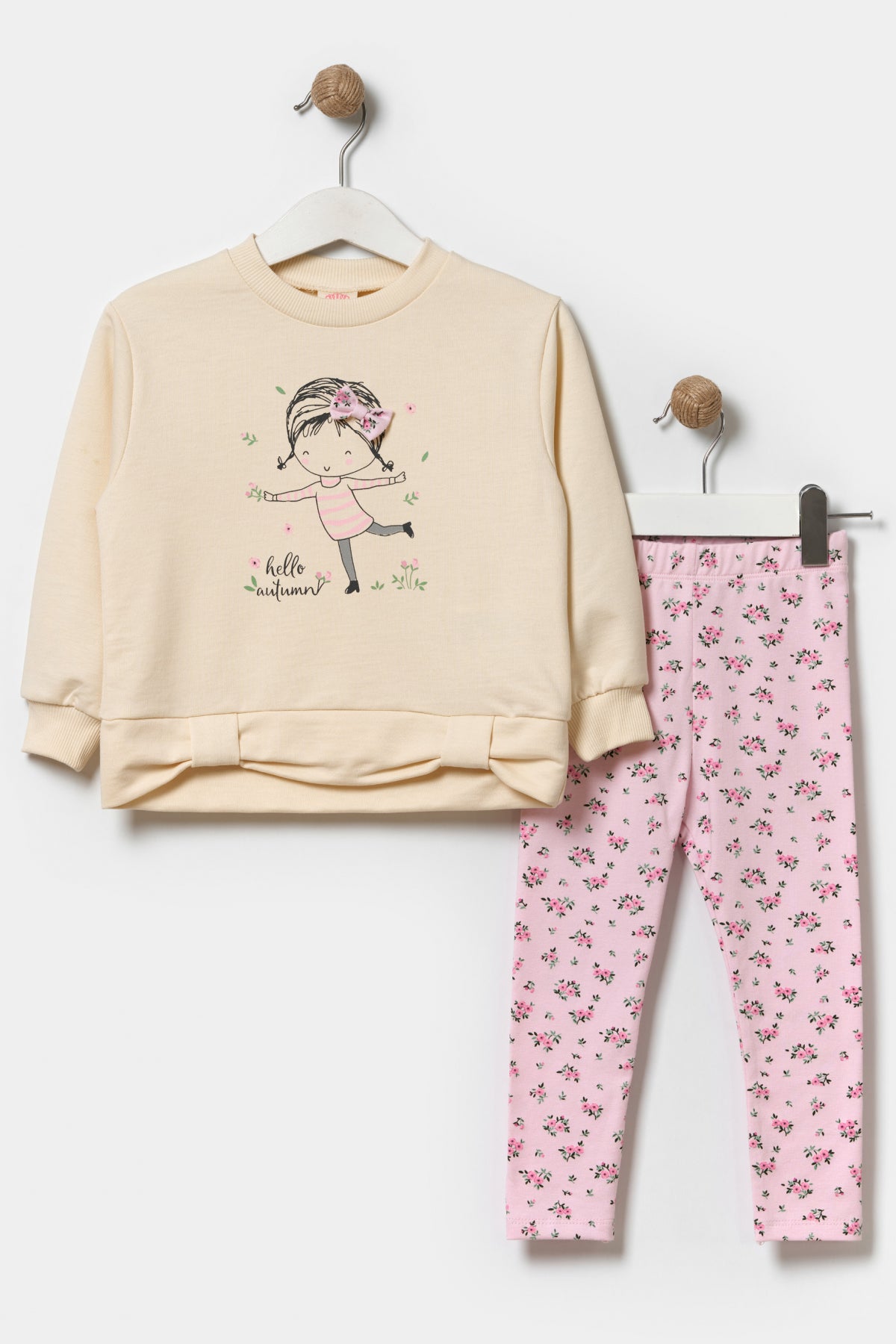 Kız Çocuk Çiçekli Sweatshirt Ve Tayt Pamuklu Alt Üst Takım Pudra