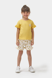Kız Çocuk Fırfır Detaylı T-shirt Şortlu Örme Müslin Yazlık İkili Takım Sarı