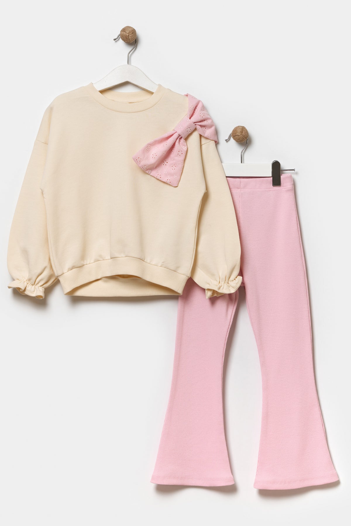 Kız Çocuk Fiyonklu Sweatshirt ve İspanyol Paça Taytlı Pamuklu Alt Üst Takım Açık Pembe