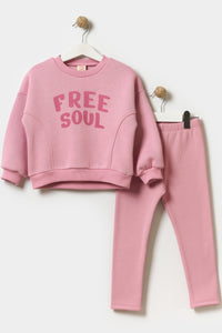 Kız Çocuk Free Soul Baskılı Taytlı İkili Takım Pudra