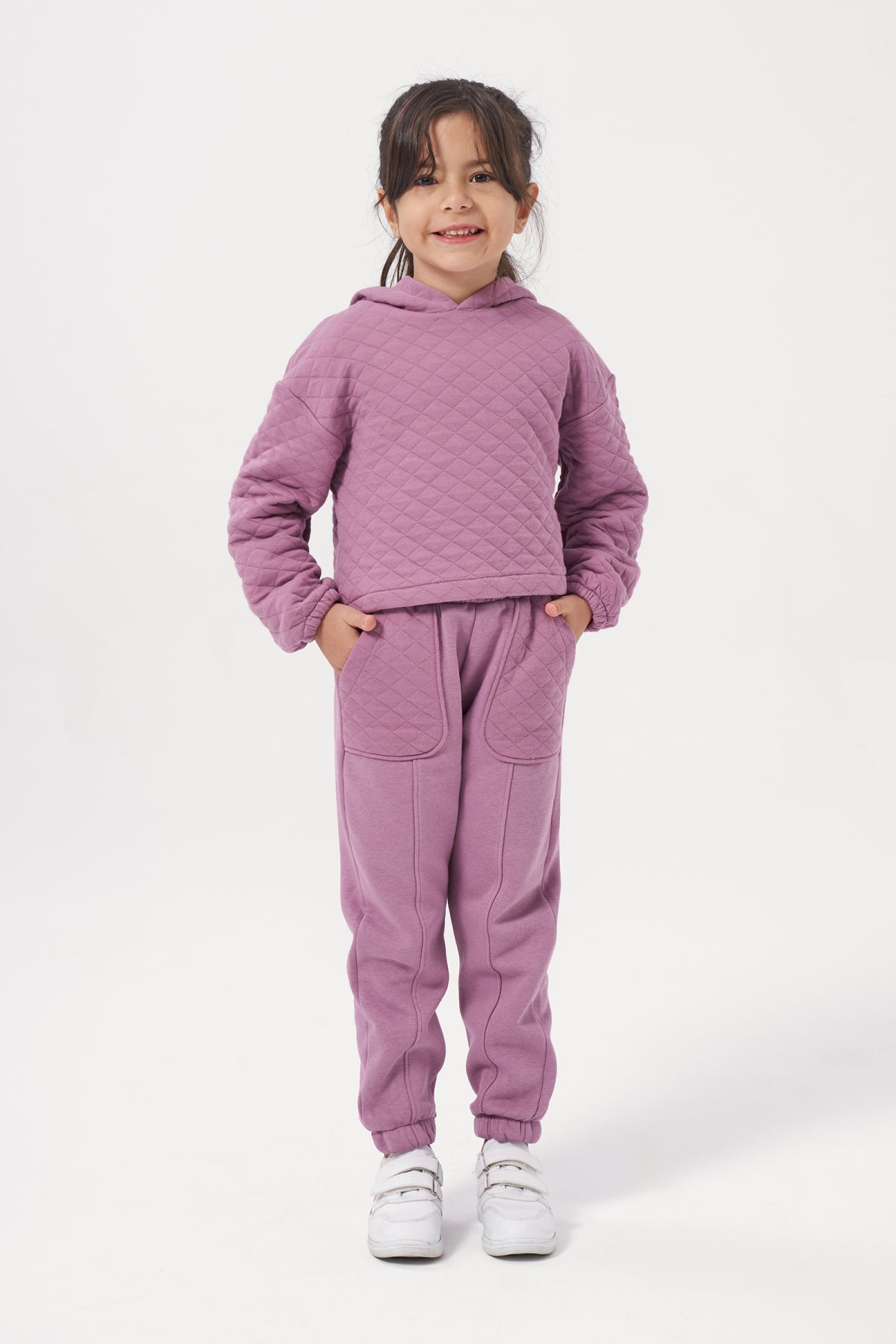 Kız Çocuk Kapşonlu Baskısız Kapitoneli Sweatshirt Eşofman Takımı Açık Mürdüm