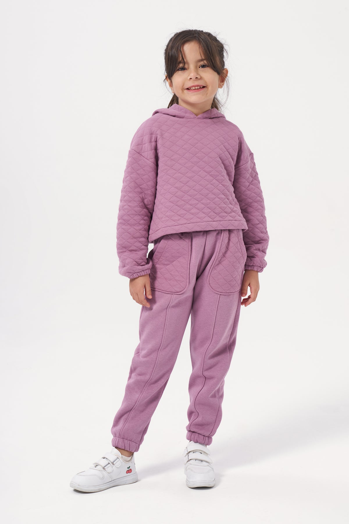 Kız Çocuk Kapşonlu Baskısız Kapitoneli Sweatshirt Eşofman Takımı Açık Mürdüm