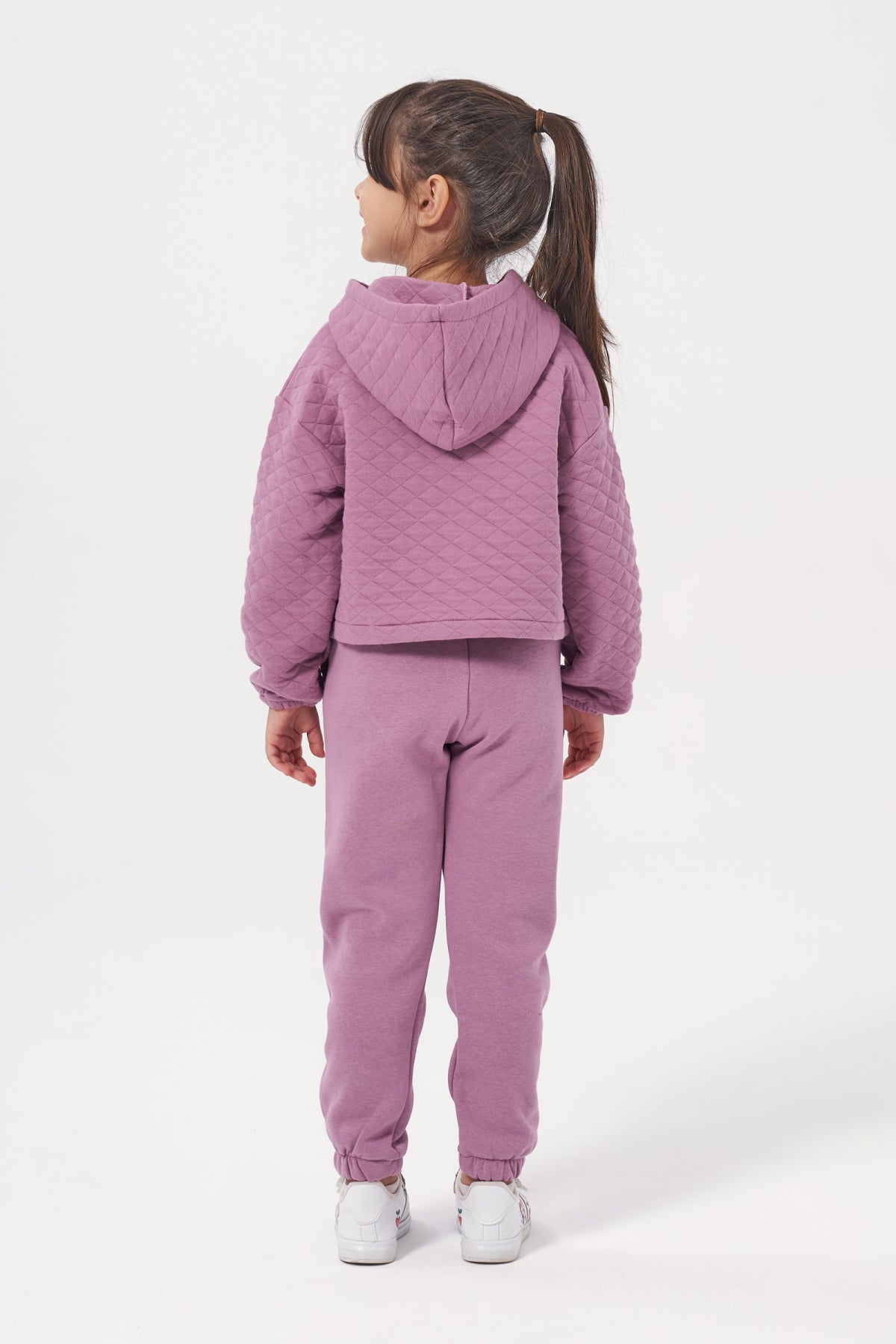 Kız Çocuk Kapşonlu Baskısız Kapitoneli Sweatshirt Eşofman Takımı Açık Mürdüm