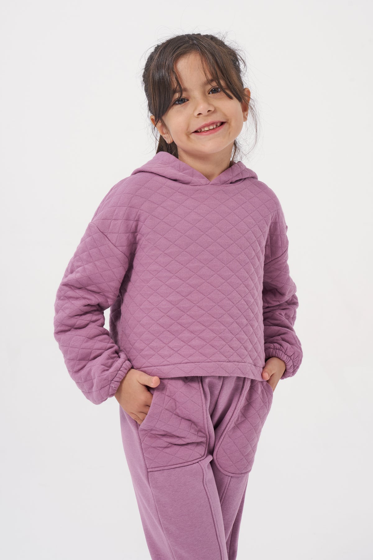 Kız Çocuk Kapşonlu Baskısız Kapitoneli Sweatshirt Eşofman Takımı Açık Mürdüm