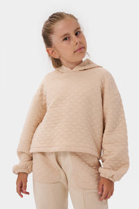 Kız Çocuk Kapşonlu Baskısız Kapitoneli Sweatshirt Eşofman Takımı Bej