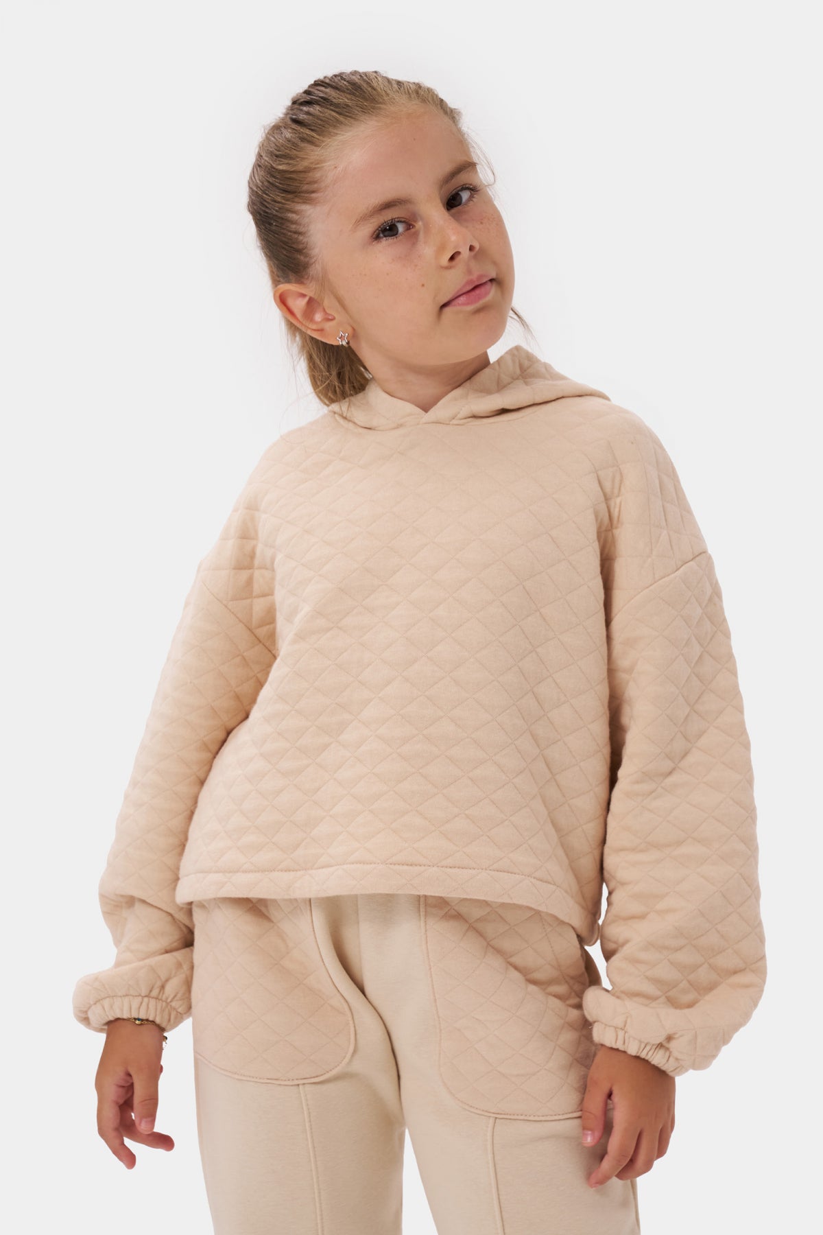 Kız Çocuk Kapşonlu Baskısız Kapitoneli Sweatshirt Eşofman Takımı Bej