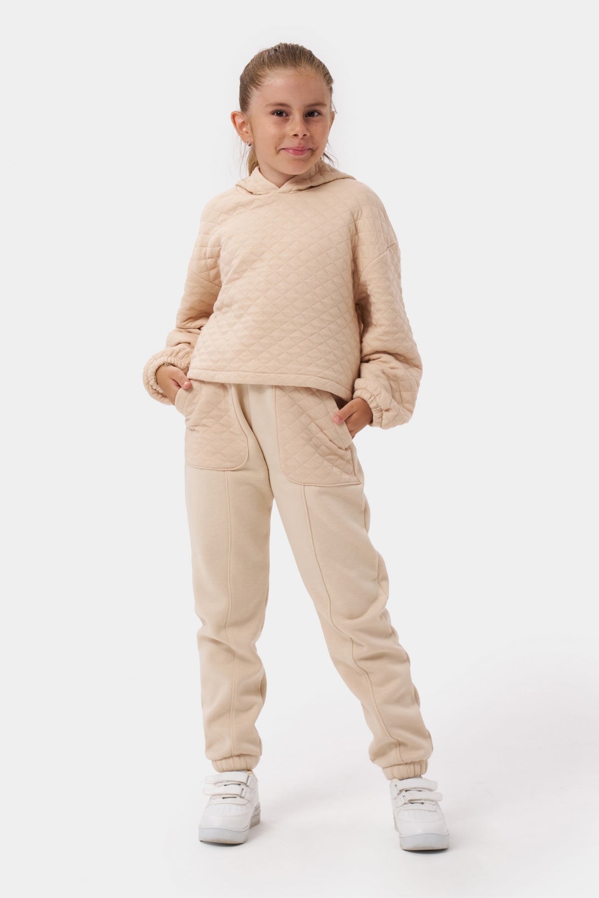 Kız Çocuk Kapşonlu Baskısız Kapitoneli Sweatshirt Eşofman Takımı Bej
