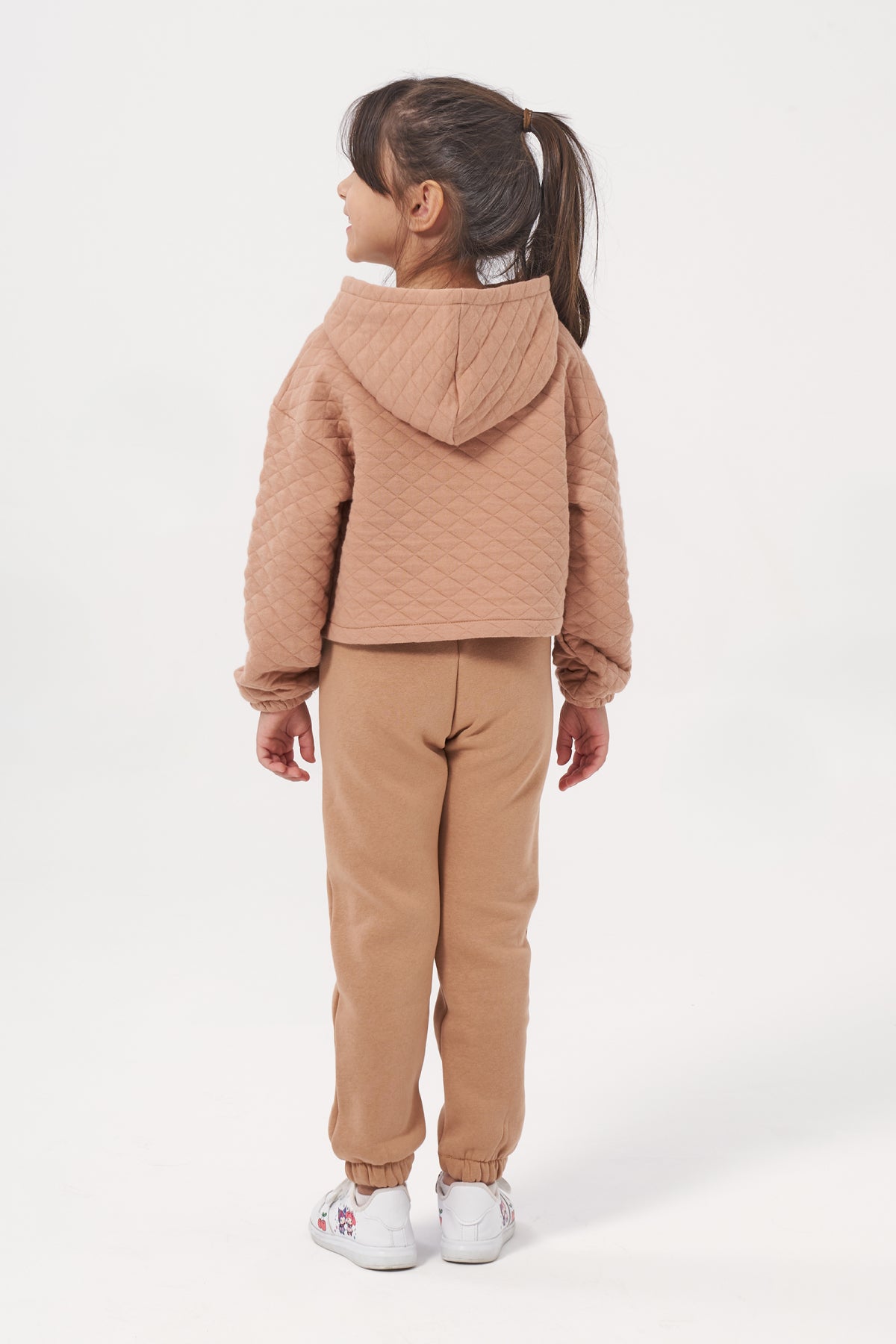 Kız Çocuk Kapşonlu Baskısız Kapitoneli Sweatshirt Eşofman Takımı Sütlü Kahve