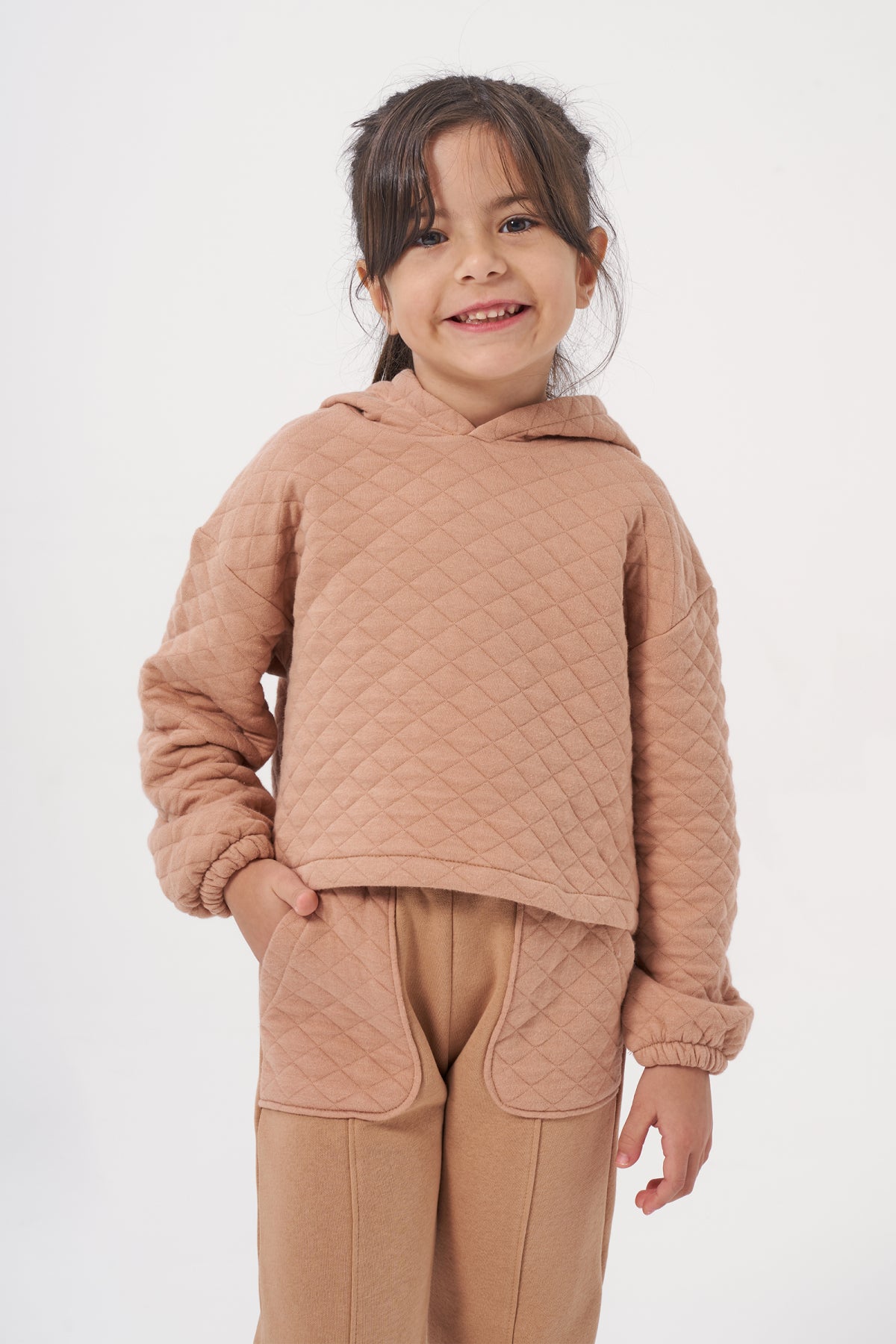 Kız Çocuk Kapşonlu Baskısız Kapitoneli Sweatshirt Eşofman Takımı Sütlü Kahve