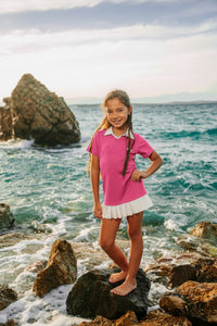 Kız Çocuk Mayo Yaka Detaylı Şortlu Neon Pembe