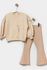 Kız Çocuk Nakışlı Sweatshirt ve İspanyol Paça Tayt Pamuklu Alt Üst Takım Açık Bej