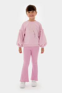 Kız Çocuk Nakışlı Sweatshirt ve İspanyol Paça Tayt Pamuklu Alt Üst Takım Açık Pembe