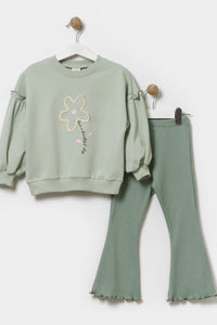 Kız Çocuk Nakışlı Sweatshirt ve İspanyol Paça Tayt Pamuklu Alt Üst Takım Açık Yeşil