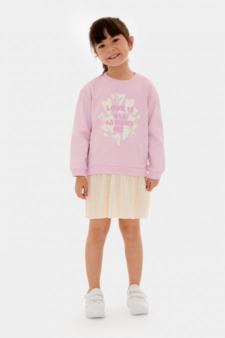 Kız Çocuk Piliseli Sweatshirt Elbise Açık Leylak