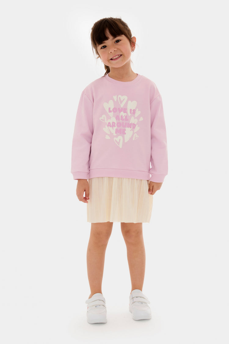 Kız Çocuk Piliseli Sweatshirt Elbise Açık Leylak
