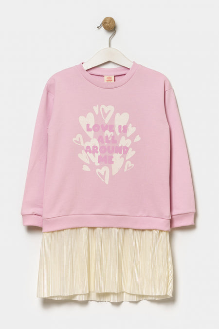 Kız Çocuk Piliseli Sweatshirt Elbise Açık Leylak