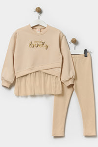 Kız Çocuk Tüllü Sweatshirt Ve Tayt Pamuklu Alt Üst Takım Açık Bej