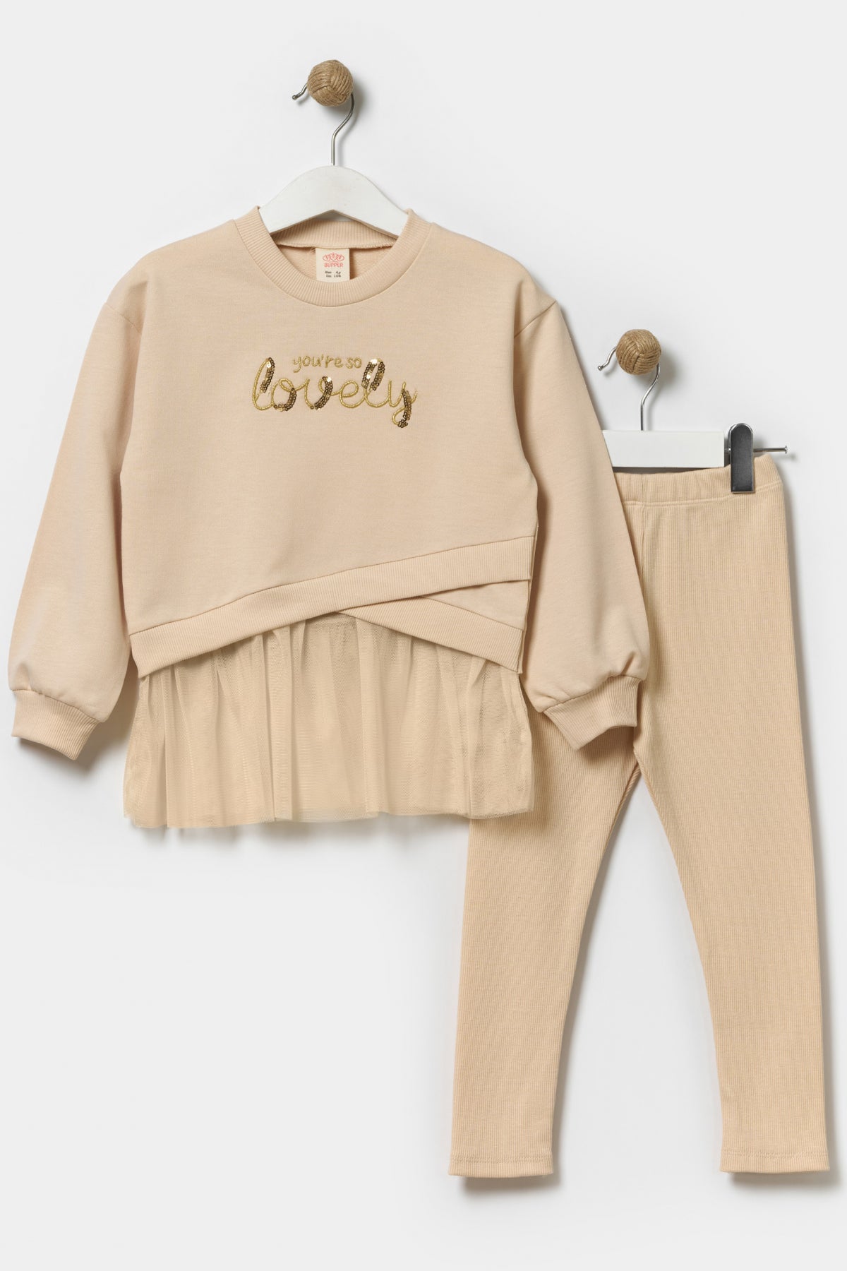 Kız Çocuk Tüllü Sweatshirt Ve Tayt Pamuklu Alt Üst Takım Açık Bej