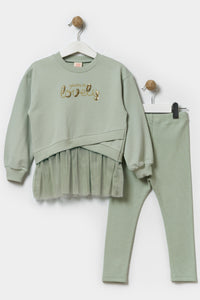 Kız Çocuk Tüllü Sweatshirt Ve Tayt Pamuklu Alt Üst Takım Açık Yeşil