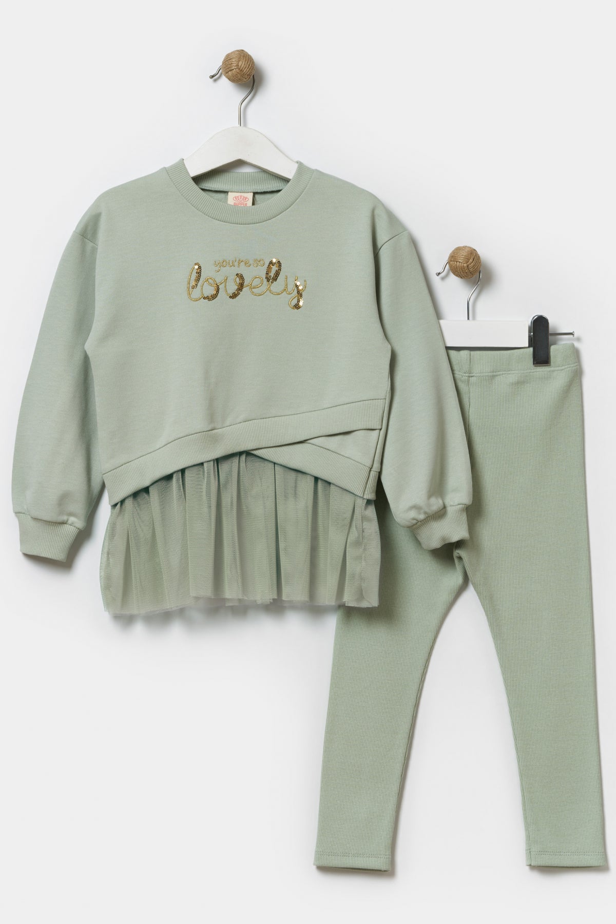 Kız Çocuk Tüllü Sweatshirt Ve Tayt Pamuklu Alt Üst Takım Açık Yeşil