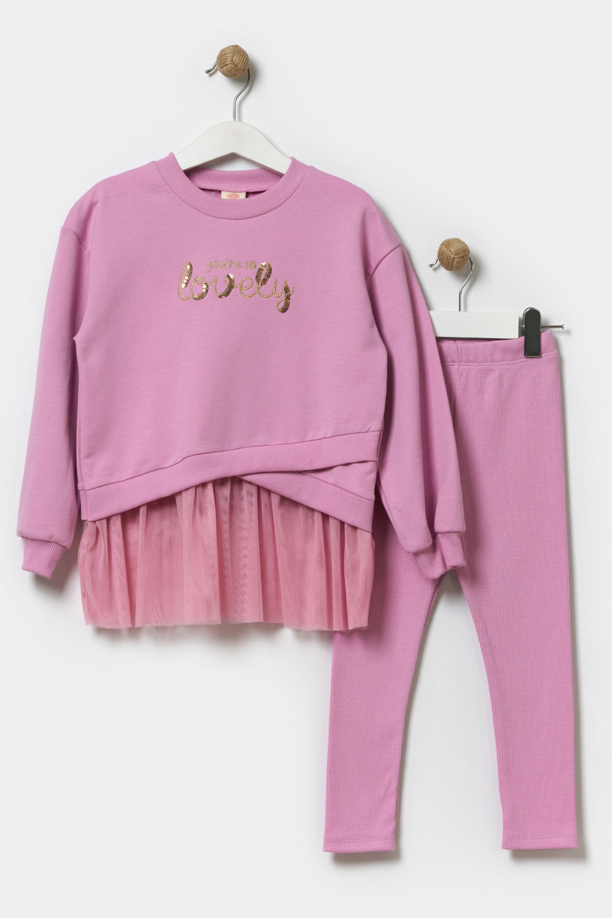 Kız Çocuk Tüllü Sweatshirt Ve Tayt Pamuklu Alt Üst Takım Koyu Leylak