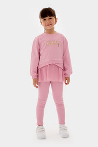 Kız Çocuk Tüllü Sweatshirt Ve Tayt Pamuklu Alt Üst Takım Pudra