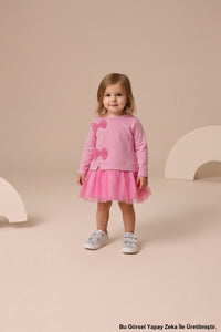 Mevsimlik Uzun Kollu %100 Pamuk Astarlı Kız Bebek Tüllü Elbise Barbie Pembe