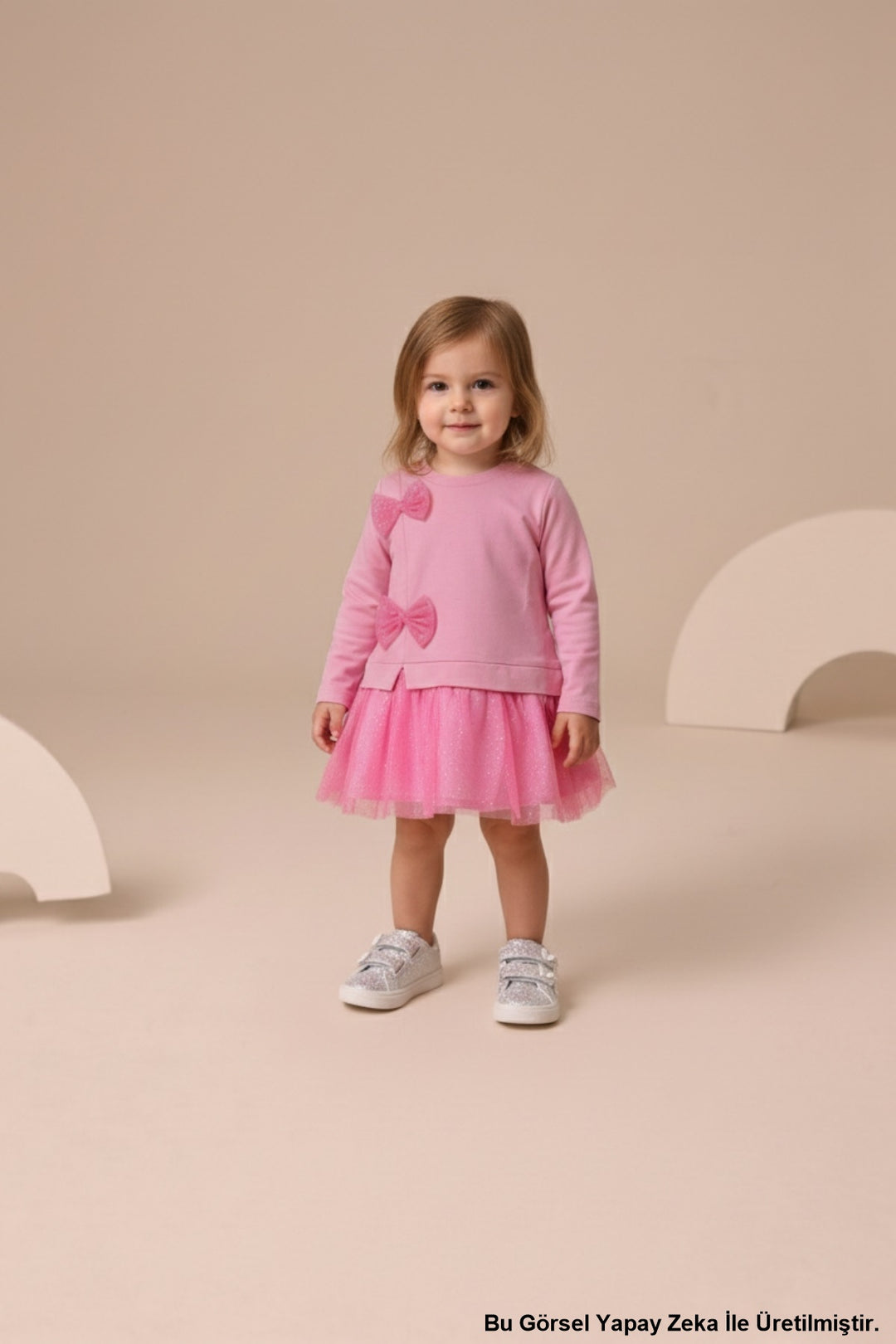 Mevsimlik Uzun Kollu %100 Pamuk Astarlı Kız Bebek Tüllü Elbise Barbie Pembe