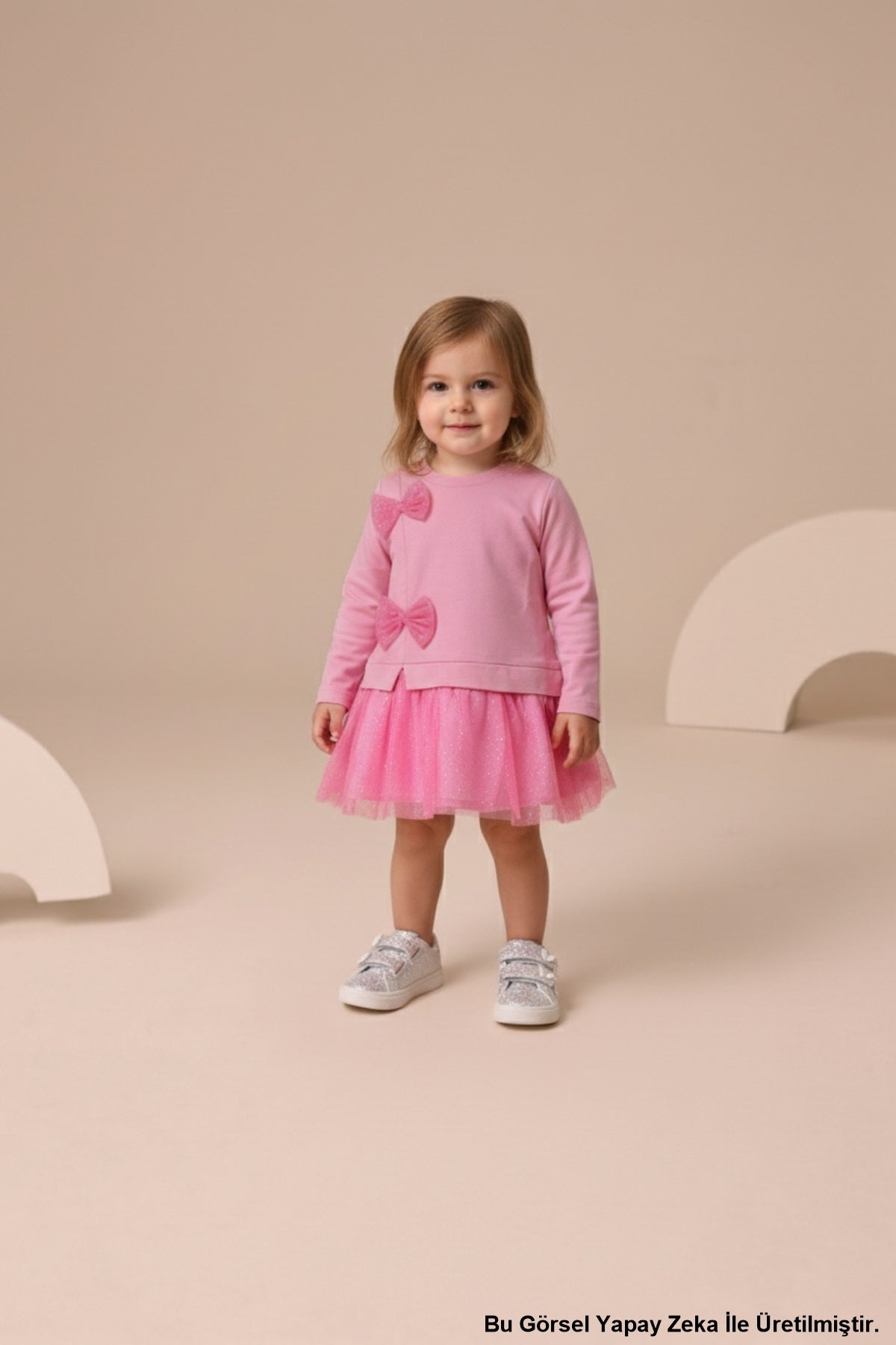Mevsimlik Uzun Kollu %100 Pamuk Astarlı Kız Bebek Tüllü Elbise Barbie Pembe