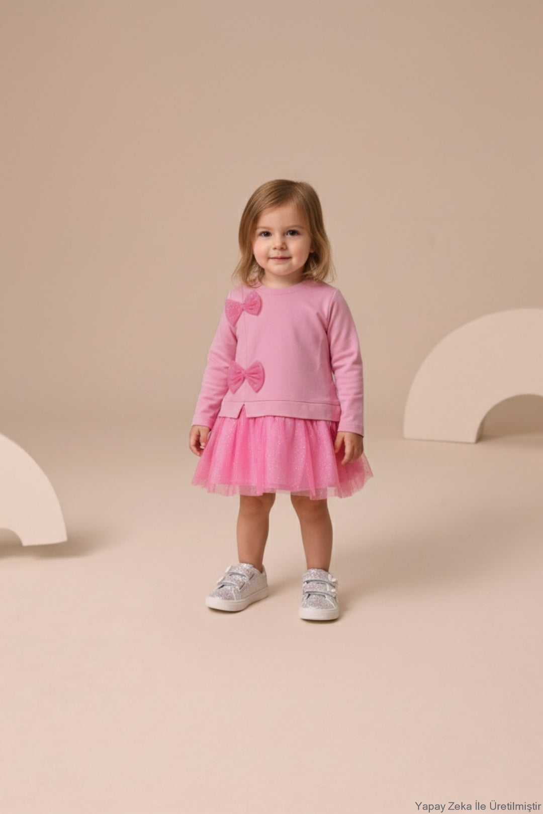 Mevsimlik Uzun Kollu %100 Pamuk Astarlı Kız Bebek Tüllü Elbise Barbie Pembe