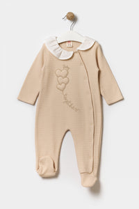 Mevsimlik Uzun Kollu Bebe Yakalı %100 Pamuk Çıtçıtlı Kız Bebek Patikli Tulum 3-9 Ay Bej