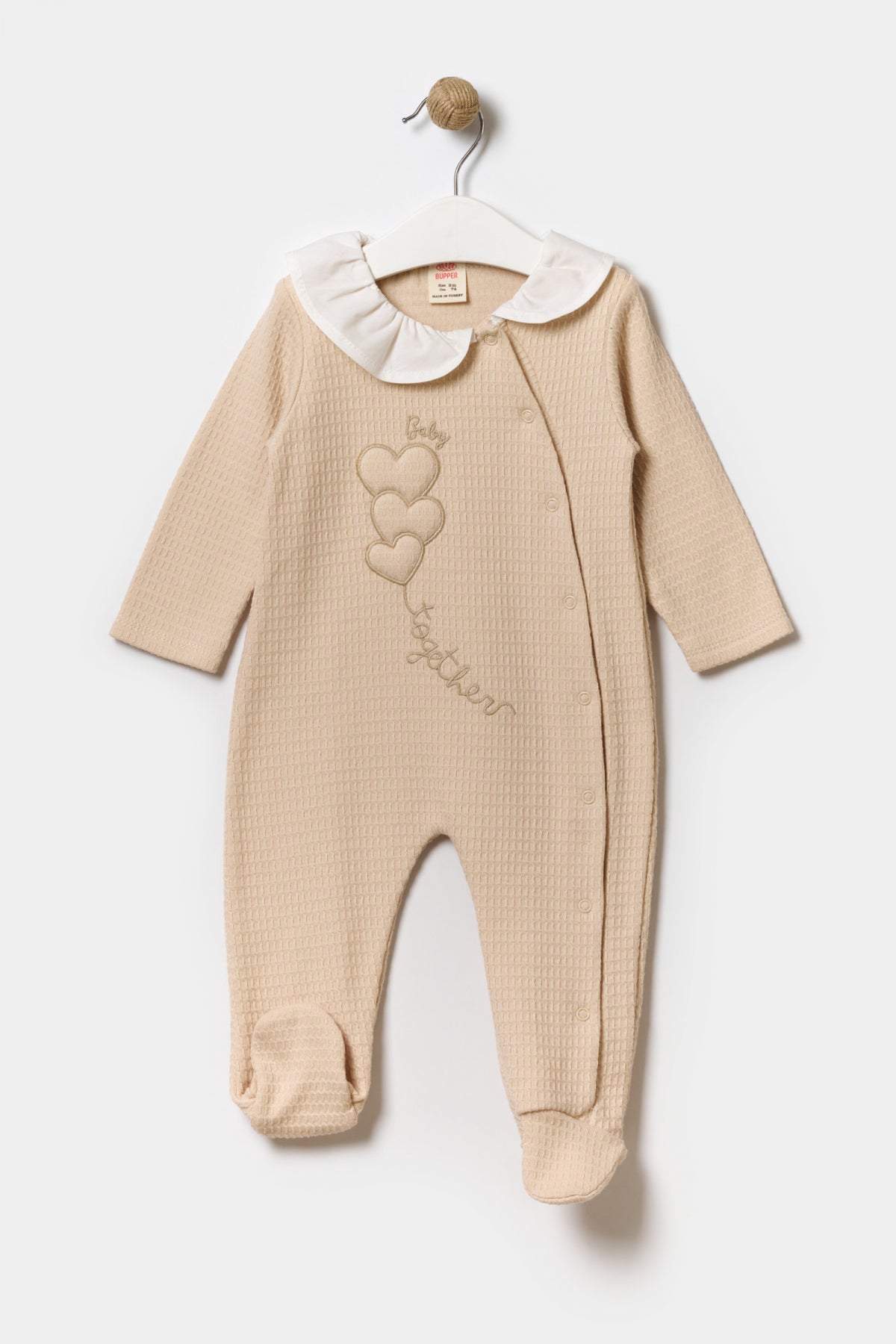 Mevsimlik Uzun Kollu Bebe Yakalı %100 Pamuk Çıtçıtlı Kız Bebek Patikli Tulum 3-9 Ay Bej