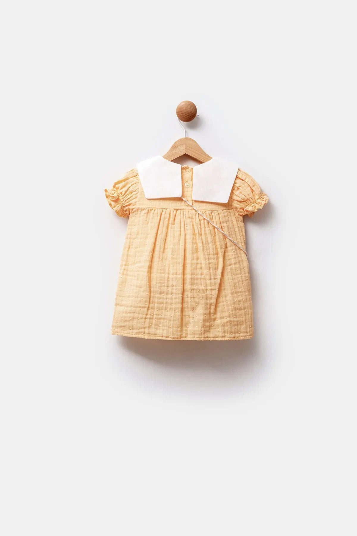 Nakışlı Bebe Yaka %100 pamuk Müslin Çantalı Kız Bebek Elbisesi 9-24 Ay Sarı