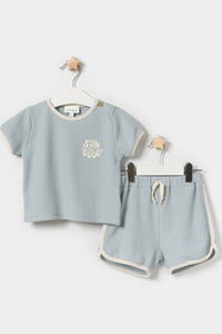 Nakışlı T-shirt Şortlu Erkek Bebek Yazlık İkili Takım Mavi
