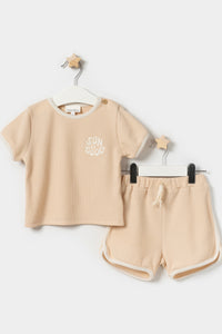 Nakışlı T-shirt Şortlu Erkek Bebek Yazlık İkili Takım Taş