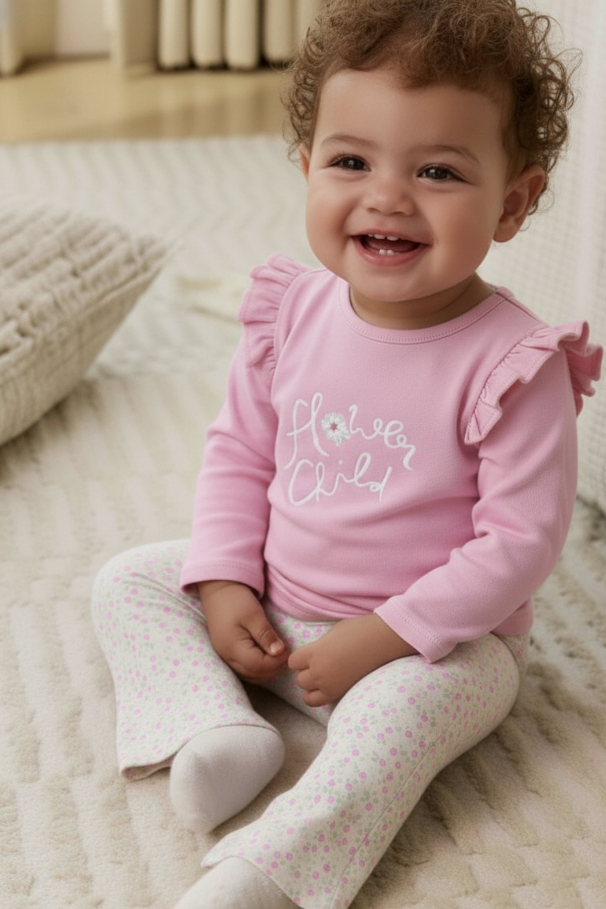 Omzu Fırfırlı Bandanalı Çiçek Baskılı Taytlı Kız Bebek Alt Üst Takım Açık Pembe