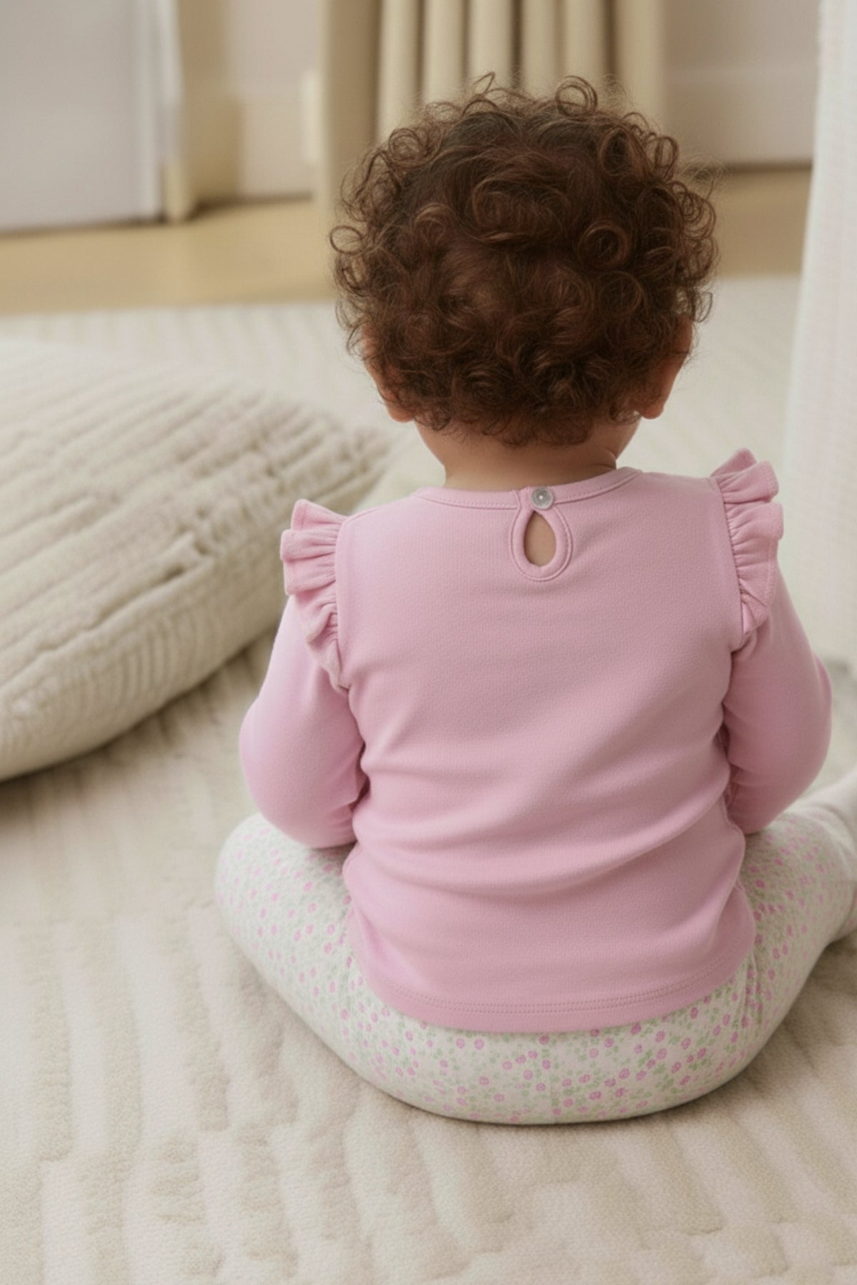 Omzu Fırfırlı Bandanalı Çiçek Baskılı Taytlı Kız Bebek Alt Üst Takım Açık Pembe