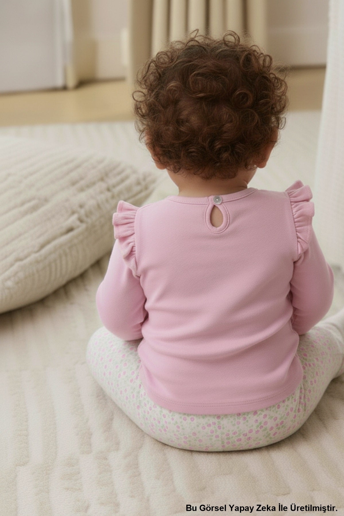 Omzu Fırfırlı Bandanalı Çiçek Baskılı Taytlı Kız Bebek Alt Üst Takım Açık Pembe