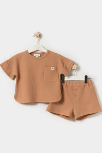 Oversize Cepli T-shirt Şortlu Unisex Waffle Çocuk Yazlık  İkili Takım Sütlü Kahve