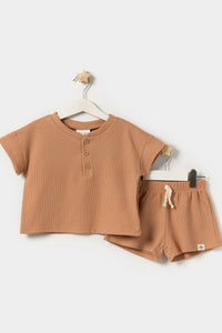 Oversize T-Shirt Şortlu Erkek Çocuk Yazlık İkili Takım Sütlü Kahve
