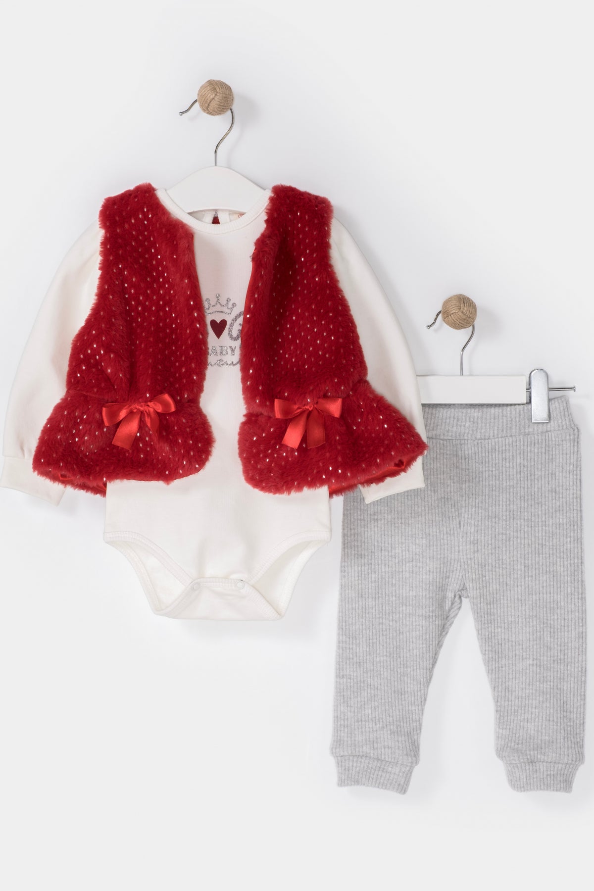 Peluş Yelekli Alttan Çıtçıtlı Body Üçlü Kız Bebek Takım Kırmızı