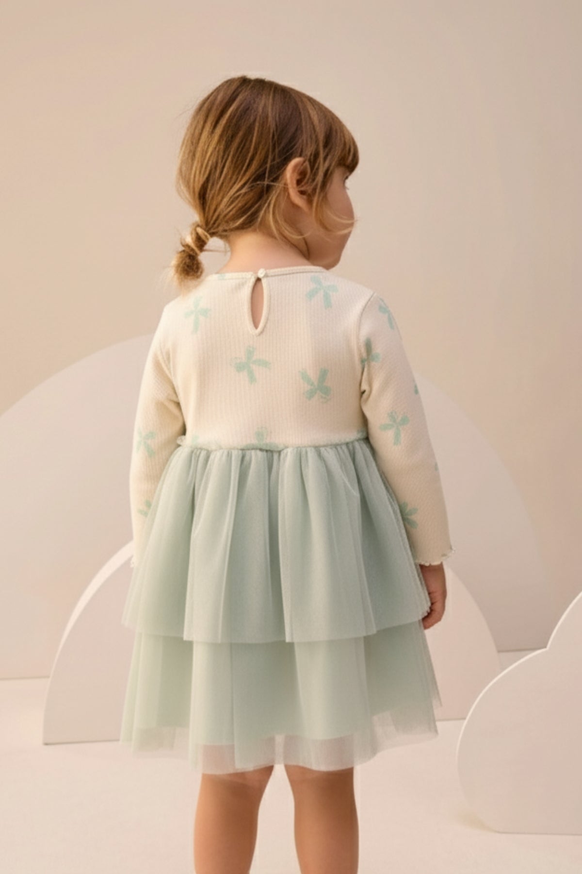 Simli Baskılı Tüllü Kız Çocuk Elbise Mint Yeşili