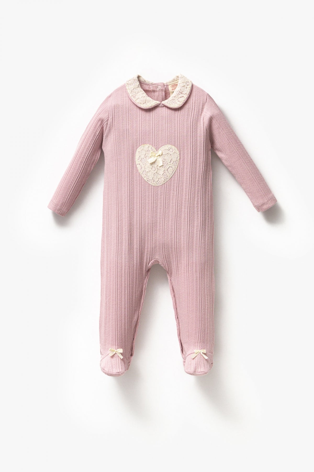 Uzun Kollu %100 Pamuk Bebe Yaka Hediyelik Kız Bebek Patikli Tulum 3-9 Ay Pembe