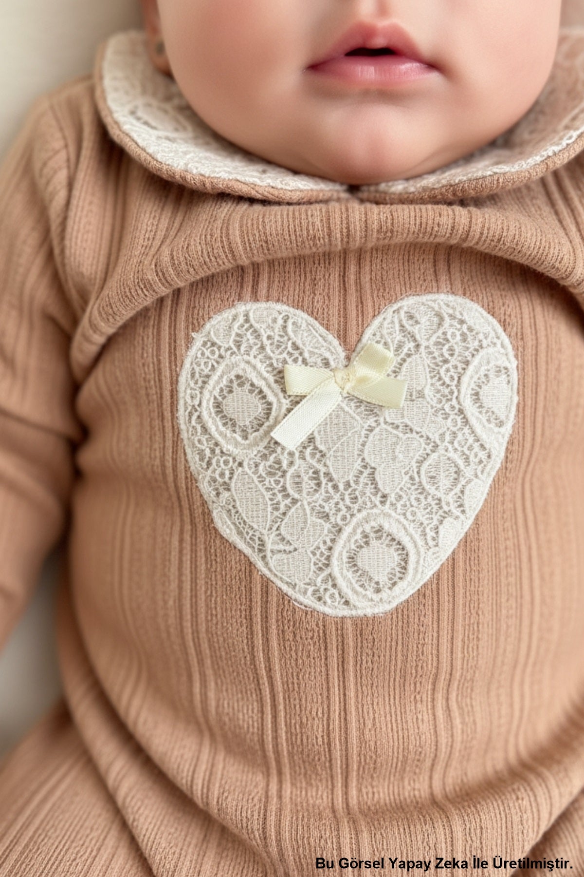 Uzun Kollu %100 Pamuk Bebe Yaka Hediyelik Kız Bebek Patikli Tulum 3-9 Ay Taba